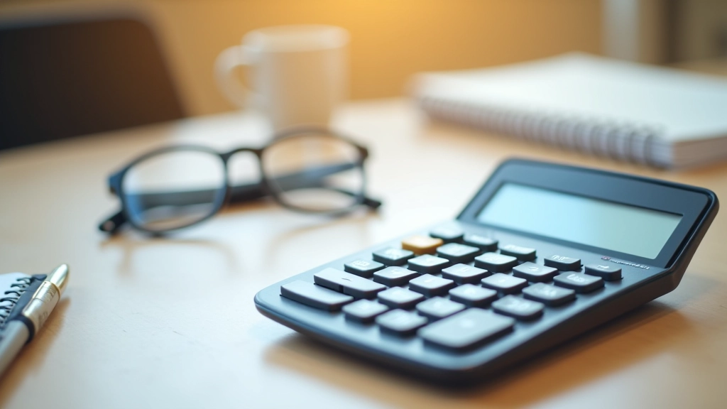Financial calculator on wooden desk with notebook showing retirement calculations, pen and glasses nearby, warm office lighting