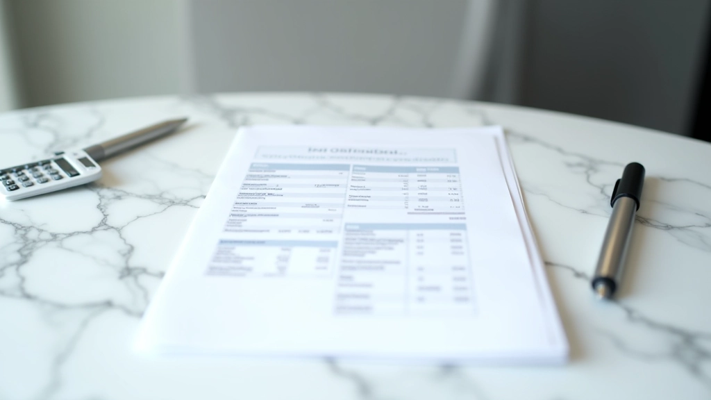 Organized financial documents and investment statements spread on marble table, pen and calculator nearby, even overhead lighting, sharp focus