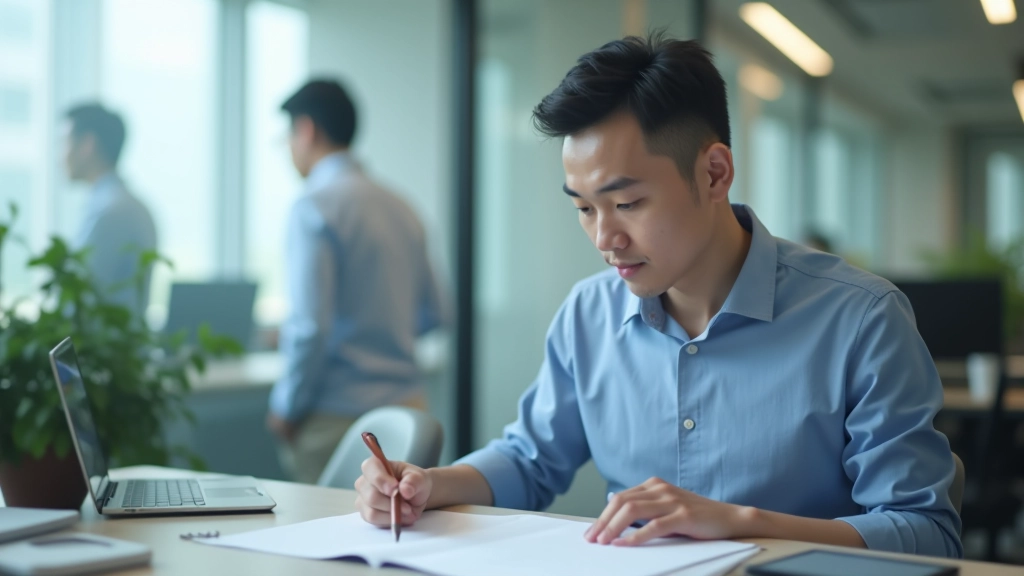 Person aged 35, fully clothed in casual business attire, seated at desk reviewing financial planning documents, office environment with window light