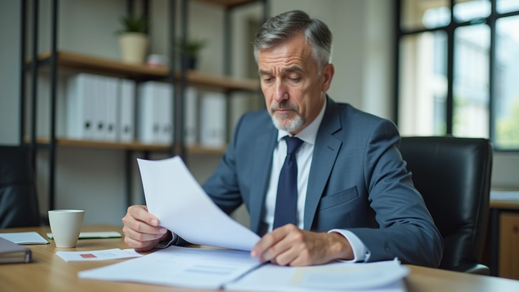 Person reviewing financial statements and contribution records at desk with organized folder tabs visible