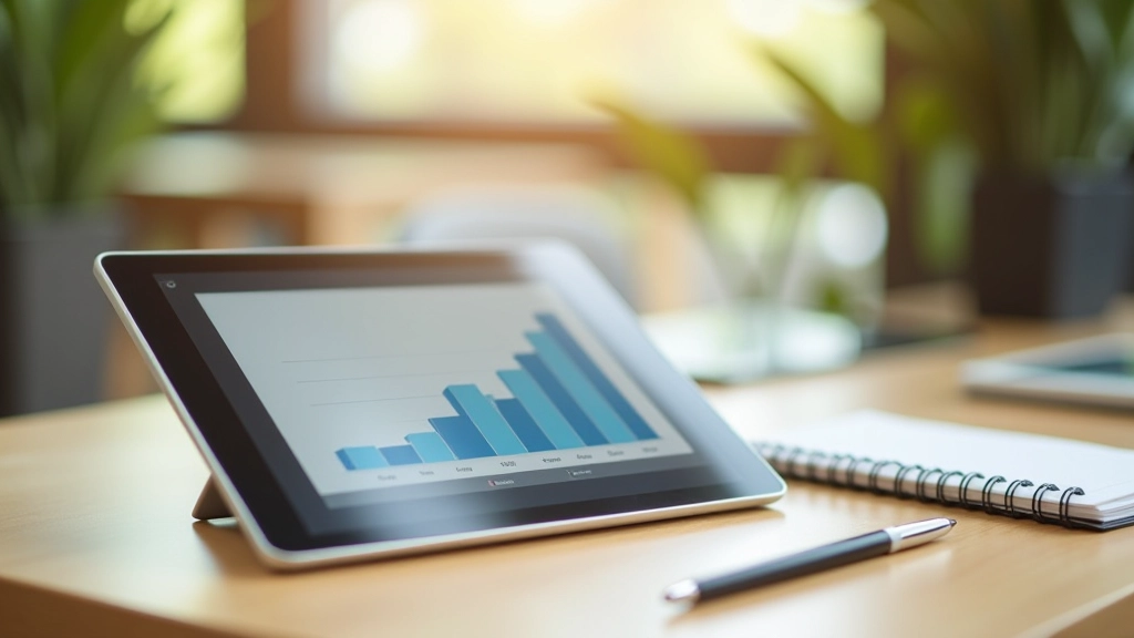 Growth fund performance chart displayed on tablet showing long-term market trends and portfolio allocation percentages