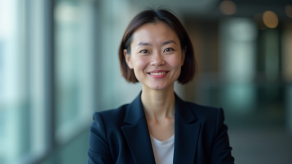 Professional woman aged 40, fully clothed in navy blazer, portrait from chest up, confident expression, modern office environment, natural window lighting